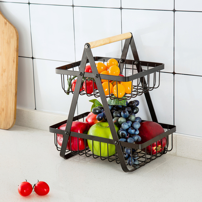 comprar Mão de madeira de balcão Ferro 2 Nível de fio de frutas Cesto Para organização da cozinha Fabricação em linha