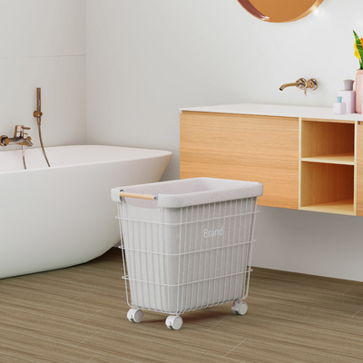 comprar Casa Rectangular Ferro Metal Wire Cesto de Lavagem com Manopla e Rodas de Bambú Fabricação em linha