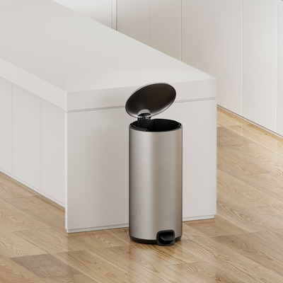 comprar 30L de aço inoxidável caixa de lixo com pedal de tampa fina para casa cozinha banheiro suave fechado redondo caixa de lixo de metal Fabricação em linha