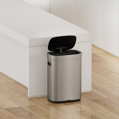 comprar Controle por sensor 65L Caixote de lixo inteligente automático sem toque para escritório e cozinha Cobertura abre automaticamente aço inoxidável Fabricação em linha