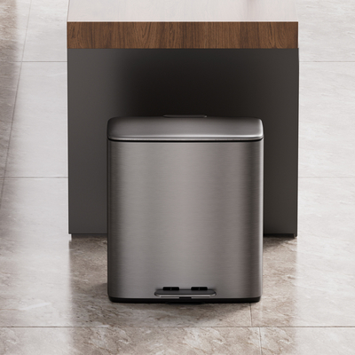 comprar Pedal de pé de aço inoxidável Cisternas de reciclagem de cozinha doméstica de interior Cisterna de lixo 28*2L 2 compartimentos duplos Fabricação em linha