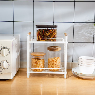 comprar Organizador de cozinha de 2 níveis Multifuncional Compacto Organizador de cozinha Especiarias Rack Madeira Manuseio Metal Rack de armazenamento de cozinha Fabricação em linha