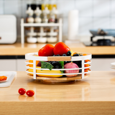 comprar Organizador de cozinha moderno 360 giratório branco organizador de mesa de metal para casa de madeira de manobra de ferro de armazenamento cesto Fabricação em linha