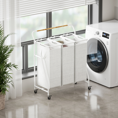 comprar Cesto de lavagem de arame metálico com alça de bambu e rodas Utilidade 3 Divisão Grande capacidade estrutura KD Cesto de lavagem Fabricação em linha