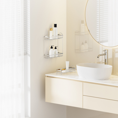 comprar 2 níveis Fácil de instalar Sem perfuração Montado na parede Caddy chuveiro de aço inoxidável organizador rack para banheiro Fabricação em linha