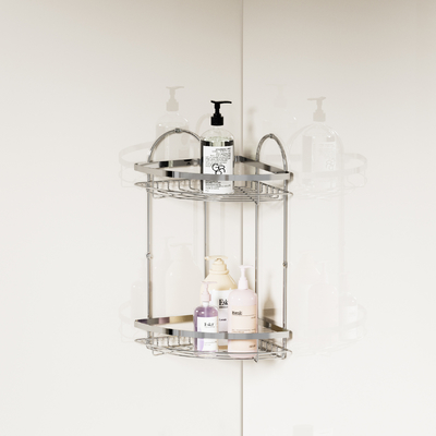 comprar 2 níveis Fácil de instalar Caddy de chuveiro montado na parede, poupando espaço, porta-malas de aço inoxidável para banheiro Fabricação em linha