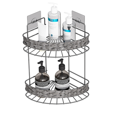 comprar 2 níveis sem perfuração Mural montado balcão de armazenamento de banheiro madeira cesto de ferro organizador de fio PS caixa chuveiro caddy Fabricação em linha