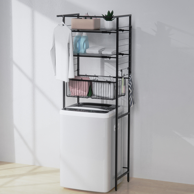 Exibição expansível 3 camadas prateleira de lavanderia sobre a máquina de lavar roupa rack de armazenamento poupador de espaço unidades de prateleira com vara