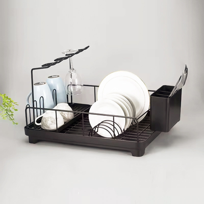 Rack de secagem de pratos de cozinha de metal preto à prova de ferrugem com porta-glass para vinho