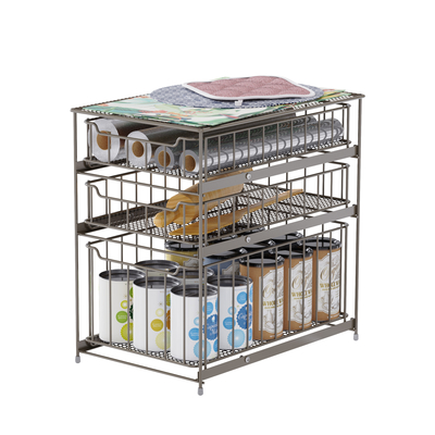 Cesto de armazenamento de fio de metal empilhável multifuncional Cesto de armazenamento de cozinha sustentável sob organizador de lavatório Cesto de armazenamento deslizante